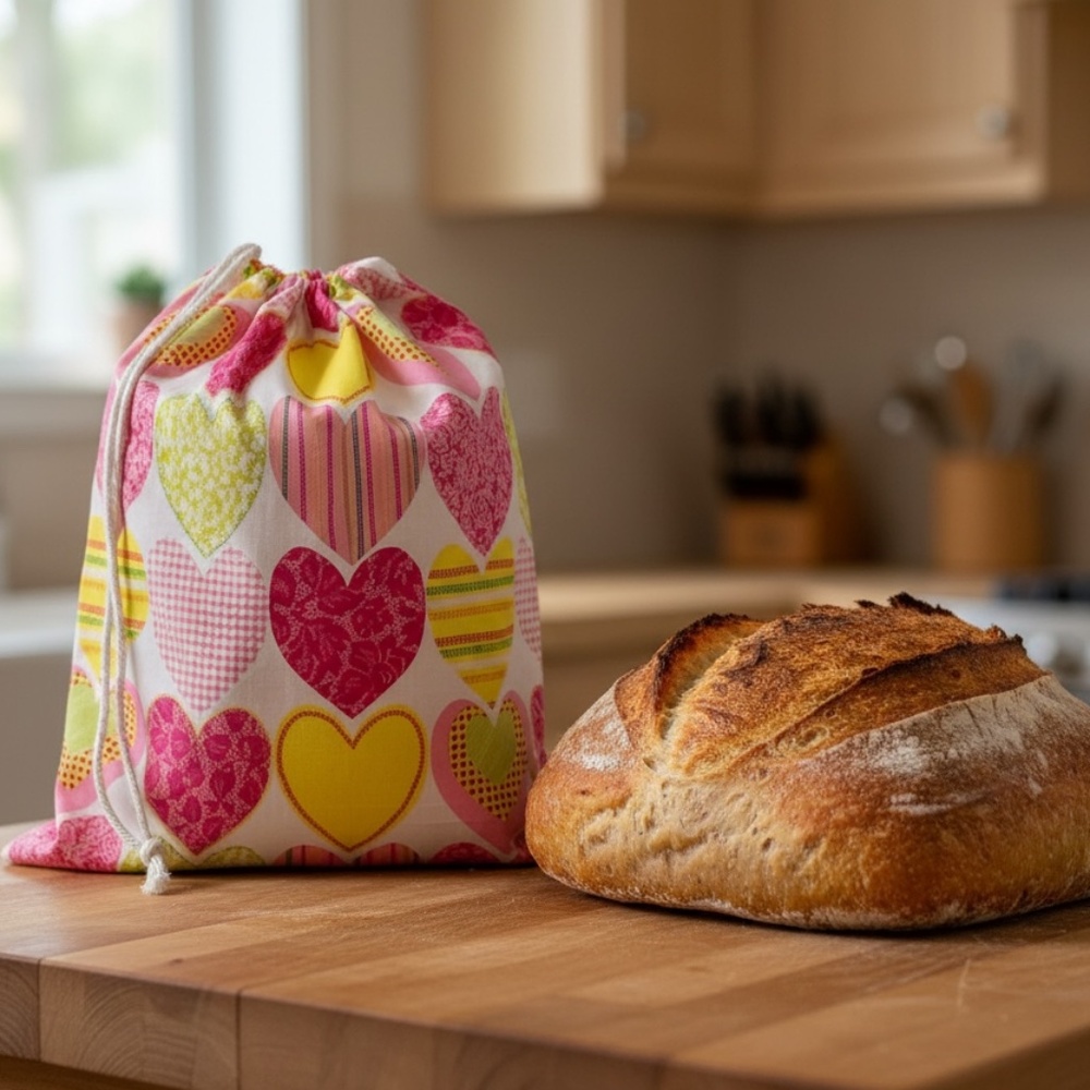 Heart Print Valentine Cotton Bread Bag, Reusable Sourdough Storage, Pink Yellow